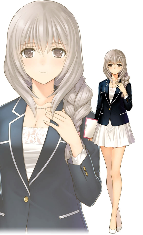1girl bangs blazer braid brown_eyes clipboard closed_mouth dress female full_body hand_on_own_chest high_heels holding jacket jewelry long_hair necklace short_dress silver_hair simple_background single_braid smile standing tanaka_takayuki white_background white_dress zoom_layer