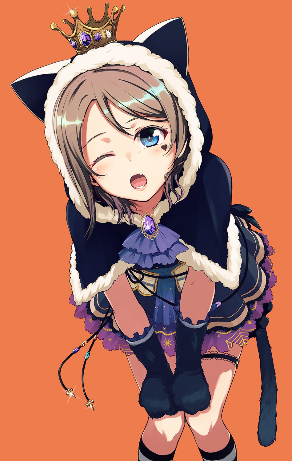 1girl animal_ears bent_over blue_eyes brown_hair capelet cat_ears cat_gloves cat_tail crown halloween highres hood looking_at_viewer love_live! love_live!_sunshine!! nanotsuki one_eye_closed open_mouth short_hair solo tail watanabe_you