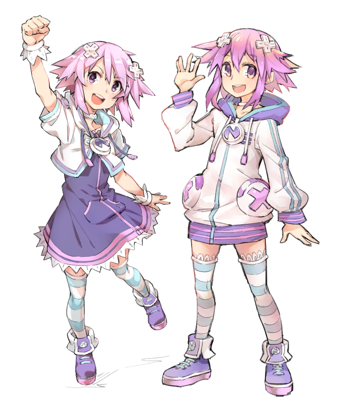 2girls :d arm_up blue_dress choker choujigen_game_neptune commentary_request cropped_jacket d-pad dress full_body gebyy-terar hair_ornament hood hooded_track_jacket jacket kami_jigen_game_neptune_v long_sleeves looking_at_viewer multiple_girls neptune_(choujigen_game_neptune) neptune_(series) open_mouth puffy_short_sleeves puffy_sleeves purple_hair shin_jigen_game_neptune_vii shoes short_hair short_sleeves smile striped striped_legwear thigh-highs track_jacket violet_eyes white_background wrist_cuffs