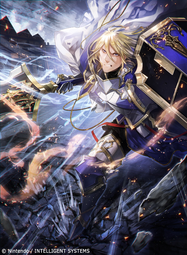 1boy armor armored_boots blonde_hair boots cape company_name fire fire_emblem fire_emblem_cipher fire_emblem_if gloves ignis_(fire_emblem_if) jewelry kyouka_hatori long_hair necklace official_art polearm shield solo spear teeth violet_eyes weapon