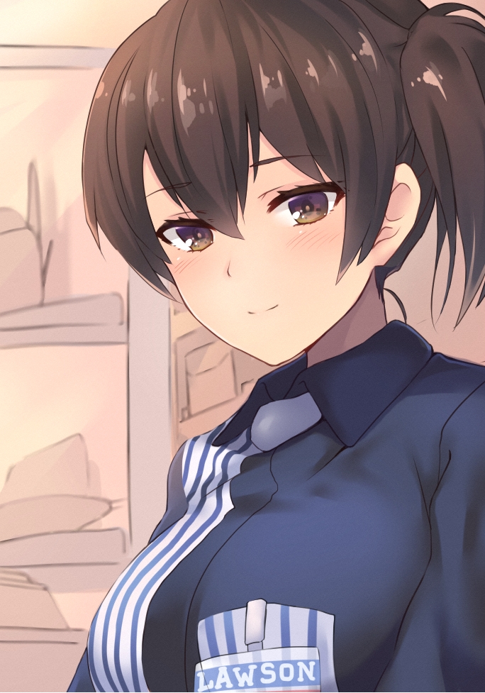1girl breasts brown_eyes brown_hair commentary_request dyson_(edaokunnsaikouya) employee_uniform kaga_(kantai_collection) kantai_collection lawson looking_at_viewer muneate short_hair side_ponytail smile solo uniform