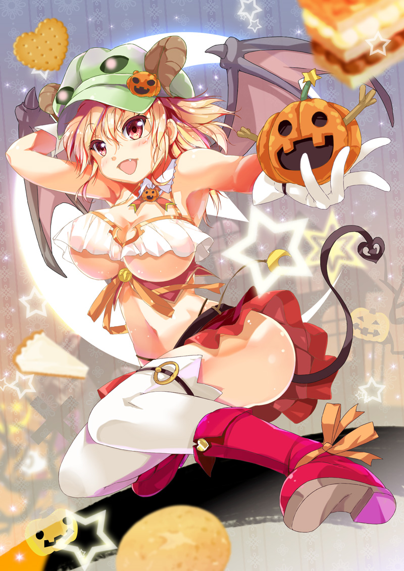 1girl arm_up armpits bangs blonde_hair boots breasts cafe-chan_to_break_time cleavage cleavage_cutout commentary_request cookie crescent_moon demon_horns demon_tail demon_wings detached_collar fang food garters gloves halloween hand_on_head hat hat_ornament horns jack-o'-lantern midriff miniskirt moon navel pink_boots porurin_(do-desho) red_eyes skirt solo star tail tea_(cafe-chan_to_break_time) thigh-highs under_boob underboob_cutout white_gloves wings