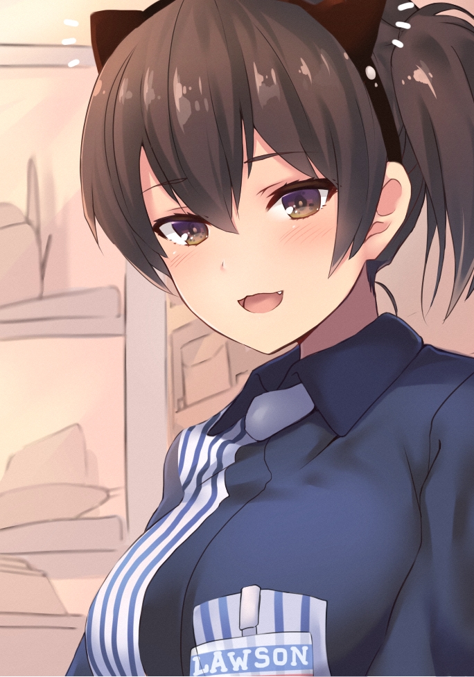 1girl breasts brown_eyes brown_hair commentary_request dyson_(edaokunnsaikouya) employee_uniform fang kaga_(kantai_collection) kantai_collection lawson looking_at_viewer muneate open_mouth short_hair side_ponytail smile solo uniform