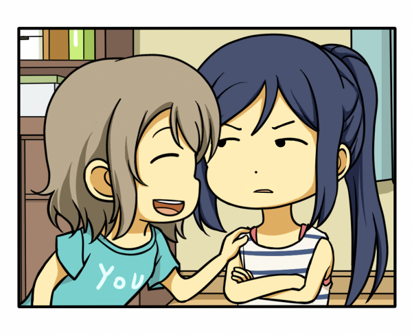 2girls blue_hair brown_hair casual closed_eyes clothes_hanger comic crossed_arms love_live! love_live!_sunshine!! matsuura_kanan multiple_girls ponytail shiitake_nabe_tsukami shirt short_hair sleeveless staring t-shirt watanabe_you