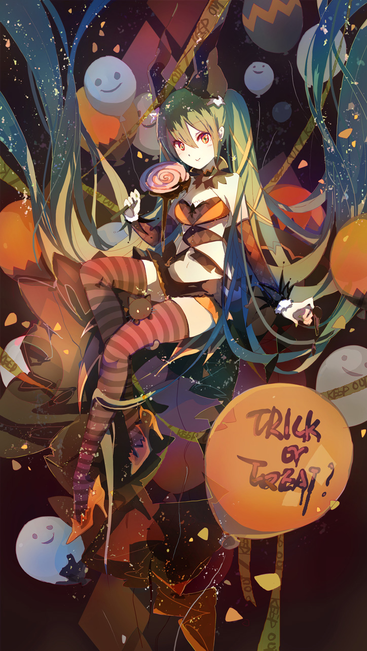 1girl ? absurdly_long_hair balloon bangs black_cat black_shorts blue_hair breasts candy cat caution_tape choker closed_mouth diamond_(shape) dripping english eyebrows eyebrows_visible_through_hair floating_hair food frills full_body ghost green_hair hair_between_eyes hair_ribbon halloween hatsune_miku high_heels highres holding holding_food horns keep_out light_particles liquid lollipop long_hair looking_at_viewer navel orange_eyes orange_shoes ribbon shade shadowsinking shoes shorts sitting small_breasts smile smiley_face solo stomach striped striped_legwear thigh-highs trick_or_treat twintails very_long_hair vocaloid yellow_ribbon