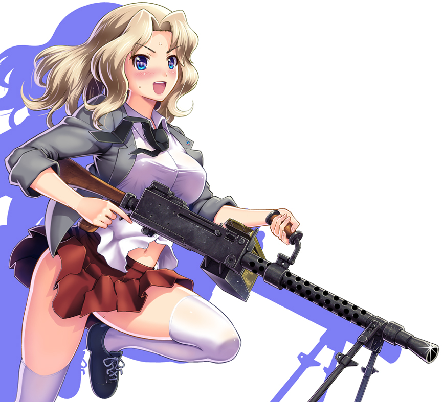 1girl :d blonde_hair blue_eyes blush breasts dress_shirt girls_und_panzer grey_jacket gun jacket kay_(girls_und_panzer) long_hair long_sleeves looking_at_viewer m1919 machine_gun necktie number10_(hagakure) open_mouth pleated_skirt red_skirt school_uniform shirt skirt sleeves_rolled_up smile solo thigh-highs weapon white_legwear