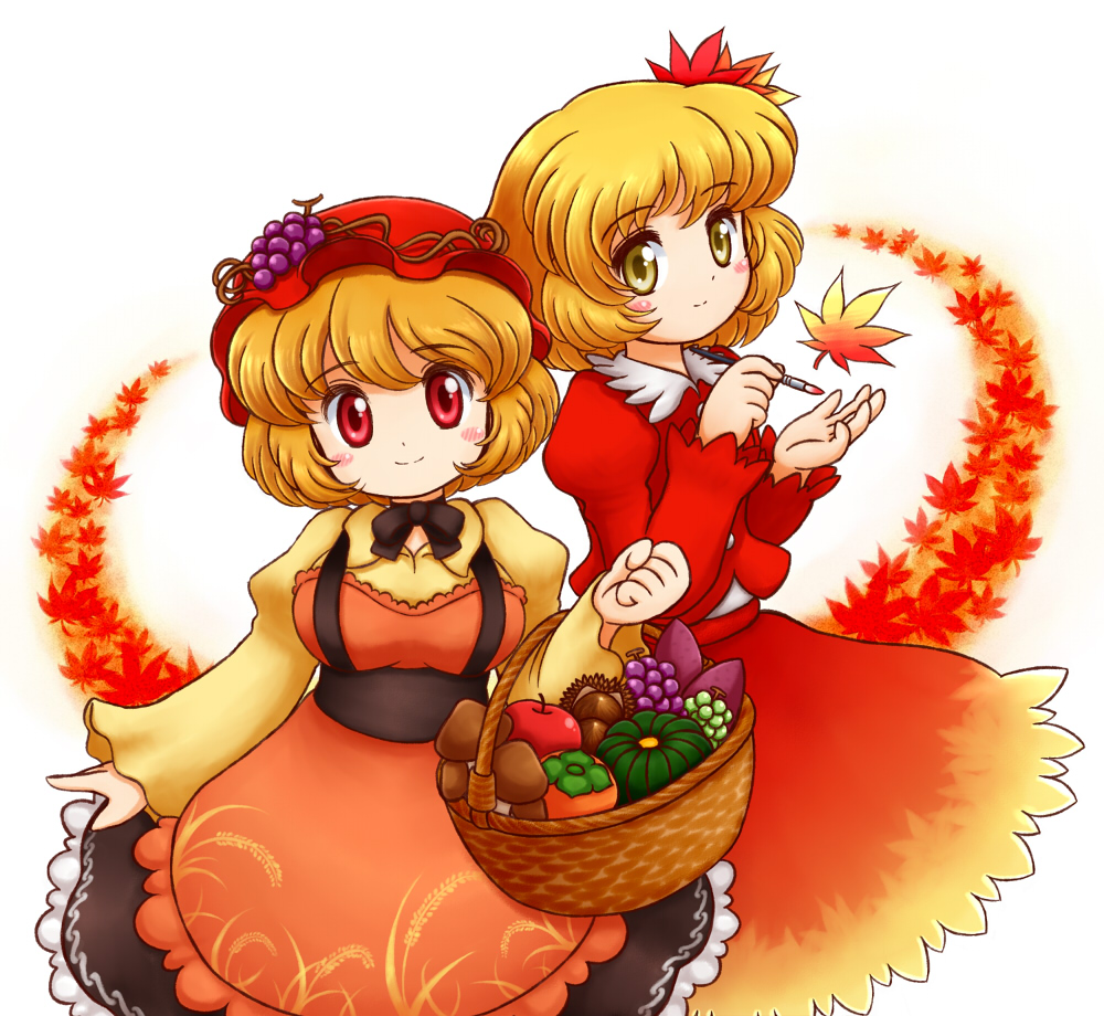 2girls aki_minoriko aki_shizuha apple basket blonde_hair blush breasts choker eyebrows eyebrows_visible_through_hair food fruit gradient_skirt grapes hair_ornament hat leaf leaf_hair_ornament leaf_on_head long_sleeves looking_at_viewer maple_leaf mob_cap multiple_girls mushroom nitamago paintbrush persimmon puffy_sleeves pumpkin red_eyes red_shirt shirt short_hair siblings simple_background sisters skirt skirt_set smile sweet_potato touhou yellow_eyes yellow_shirt