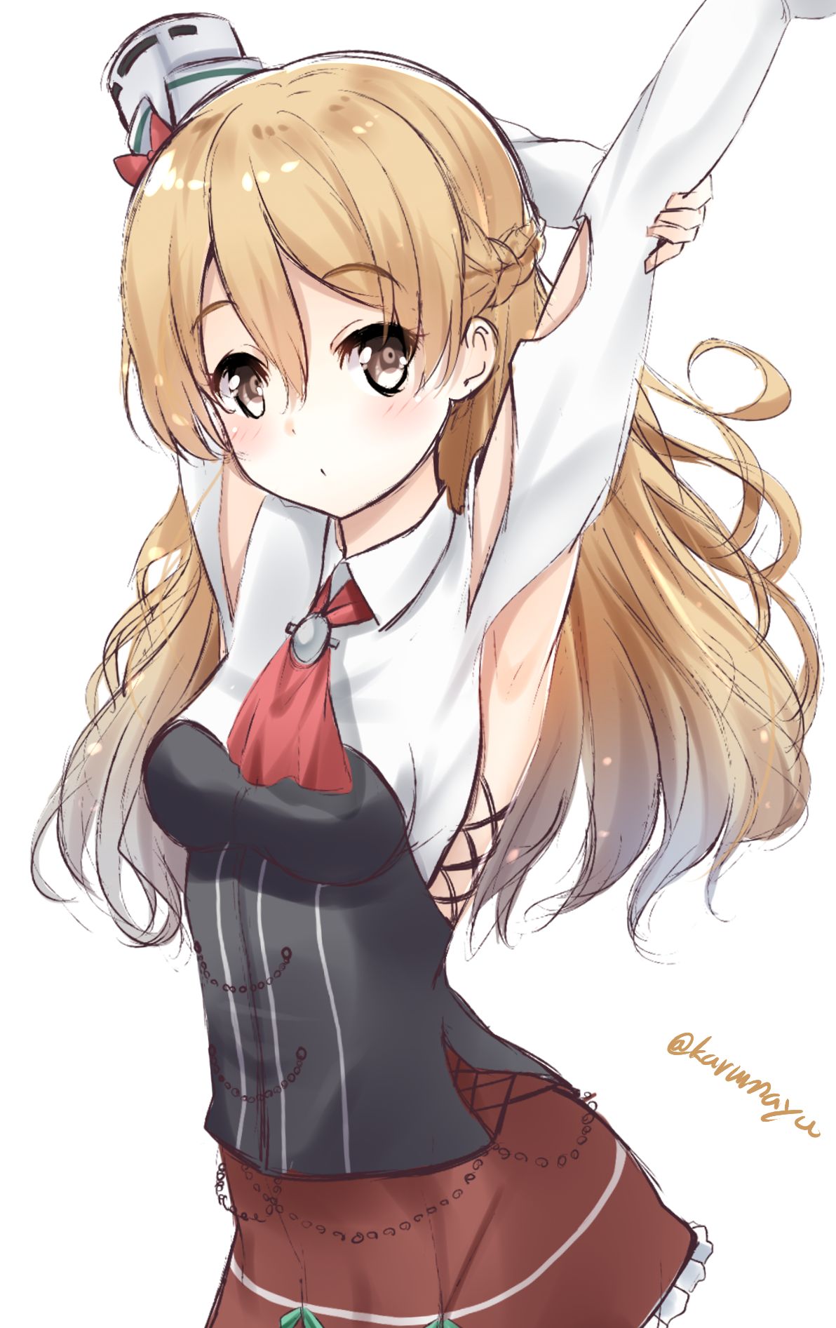 1girl armpits arms_up brown_eyes brown_skirt character_request eyebrows eyebrows_visible_through_hair hair_between_eyes hat highres kantai_collection karumayu light_brown_hair long_hair looking_at_viewer mini_hat signature simple_background sketch skirt solo white_background zara_(kantai_collection)