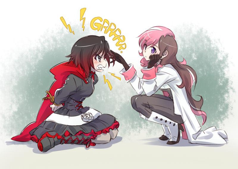 angry bound bound_wrists brown_hair iesupa neo_(rwby) pantyhose red_cape ruby_rose rwby sound_effects touching violet_eyes