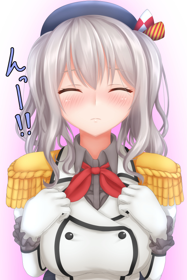 1girl beret blush breasts buttons closed_eyes epaulettes frilled_sleeves frills gloves hat incoming_kiss kantai_collection kashima_(kantai_collection) large_breasts military military_uniform silver_hair solo tapisuke translation_request uniform white_gloves