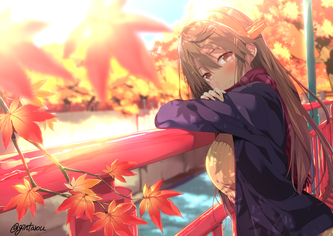 1girl against_railing autumn autumn_leaves bangs black_coat blush breasts brown_eyes brown_hair canal coat commentary_request crossed_arms from_side gintarou_(kurousagi108) hair_between_eyes hair_ornament hairclip haruna_(kantai_collection) head_rest head_tilt headgear kantai_collection leaf long_hair long_sleeves looking_at_viewer maple_leaf nature open_clothes open_coat outdoors railing red_scarf ribbed_sweater scarf smile solo sunlight sunset sweater tree tree_branch turtleneck twitter_username upper_body water