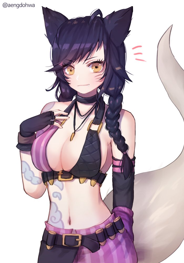 /\/\/\ 1girl ahri animal_ears arm_warmers asymmetrical_gloves bangs bare_shoulders belt belt_buckle belt_pouch bikini_top black_gloves black_hair blue_eyes braid breasts buckle bullet choker cleavage closed_mouth cosplay eyebrows eyebrows_visible_through_hair fang fang_out fingerless_gloves fox_ears fox_tail gloves hair_over_shoulder hair_tie halter_top halterneck hanato_(seonoaiko) jewelry jinx_(league_of_legends) jinx_(league_of_legends)_(cosplay) large_breasts league_of_legends looking_at_viewer midriff navel pendant shade solo stomach striped tail twin_braids twintails twitter_username upper_body vertical_stripes whisker_markings yellow_eyes