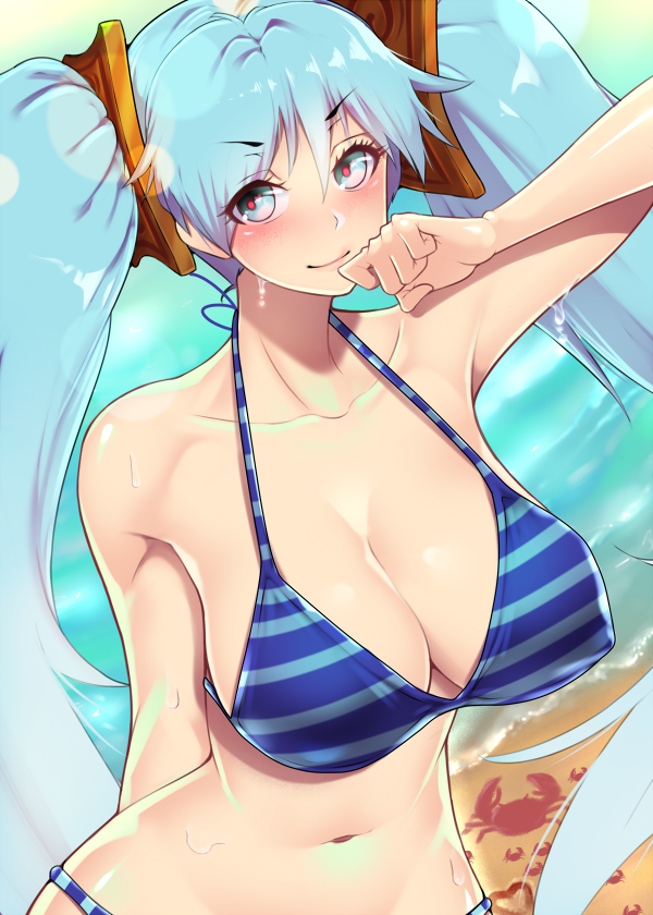 &gt;:) 1girl akoniii bare_arms bare_shoulders beach big_hair bikini blue_eyes blue_hair blush breasts cleavage closed_mouth collarbone commentary covered_nipples crab hair_ornament large_breasts league_of_legends long_hair looking_at_viewer navel shiny shiny_skin solo sona_buvelle stomach striped striped_bikini swimsuit twintails upper_body very_long_hair wet