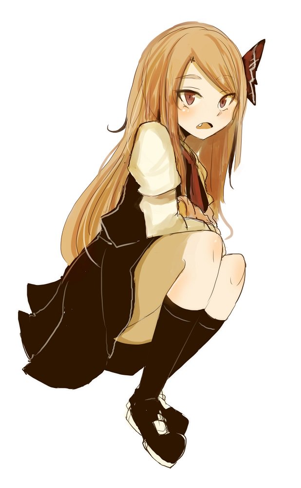1girl alternate_hair_length alternate_hairstyle ascot bent_knees black_legwear black_shoes black_skirt black_vest blonde_hair blush brown_eyes commentary_request fang from_side full_body hair_ribbon juliet_sleeves legs_together long_hair long_sleeves looking_at_viewer looking_to_the_side ne_kuro open_mouth puffy_sleeves red_ribbon ribbon rumia shirt shoes skirt skirt_set socks solo squatting touhou white_background white_shirt
