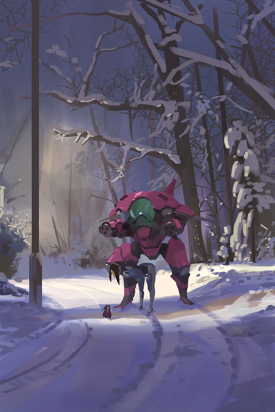 1girl animal arm_cannon bare_tree bent_over bodysuit boots brown_hair clouds cloudy_sky d.va_(overwatch) forest full_body gatling_gun gloves gun hands_on_own_knees headphones highres lamppost leaning_forward legs_apart long_hair long_sleeves mecha meka_(overwatch) nature outdoors overwatch pauldrons pilot_suit rabbit ribbed_bodysuit scenery shoulder_pads sidelocks sky snatti snow solo thigh-highs thigh_boots tree turtleneck weapon white_boots white_gloves winter