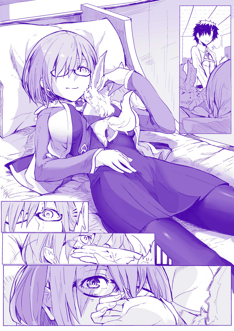 /\/\/\ bed comic commentary covering_mouth creature creature_on_chest fate/grand_order fate_(series) fou_(fate/grand_order) glasses hair_over_one_eye hand_over_own_mouth looking_away lying male_protagonist_(fate/grand_order) monochrome on_back pantyhose pillow shielder_(fate/grand_order) short_hair silent_comic smile syatey