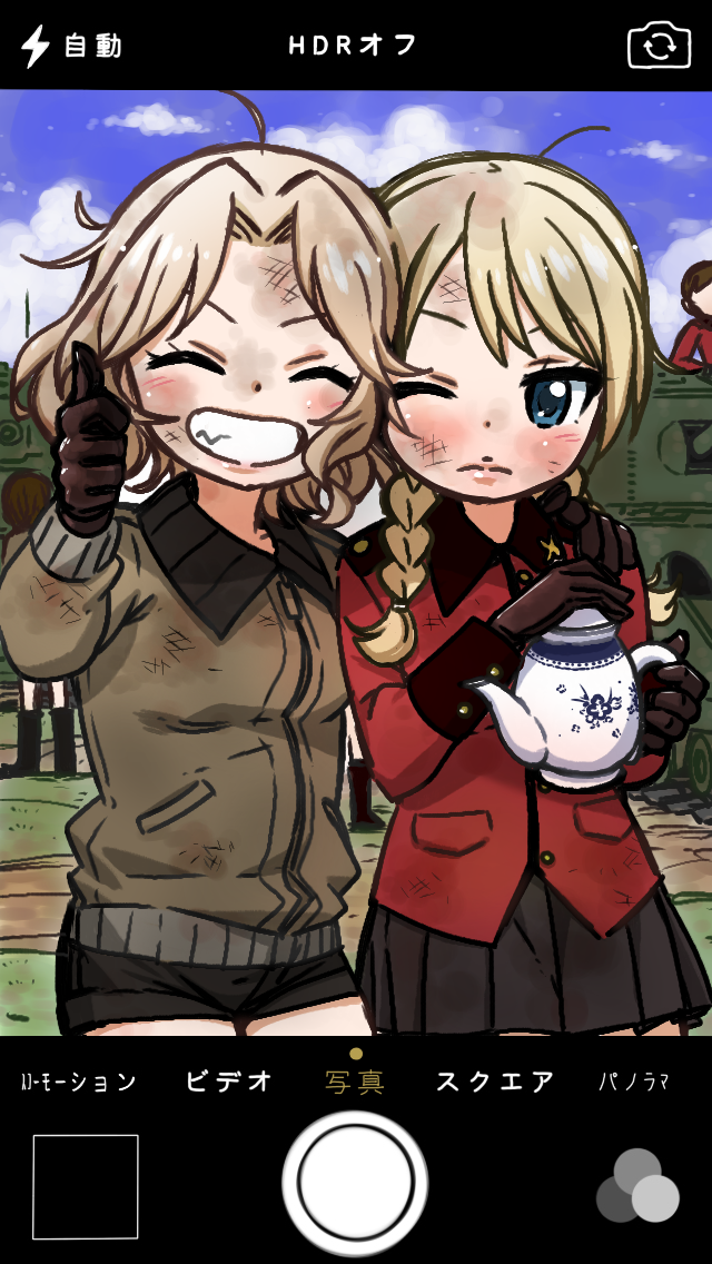 arm_around_shoulder blonde_hair blue_eyes blue_sky braid cellphone cellphone_picture closed_eyes darjeeling dirty dirty_clothes dirty_face frown girls_und_panzer gloves green_jacket grin ground_vehicle hone_(honehone083) iphone jacket kay_(girls_und_panzer) long_hair military military_vehicle motor_vehicle one_eye_closed phone red_jacket saunders_military_uniform short_shorts shorts skirt sky smartphone smile st._gloriana's_military_uniform tank teapot thumbs_up twin_braids