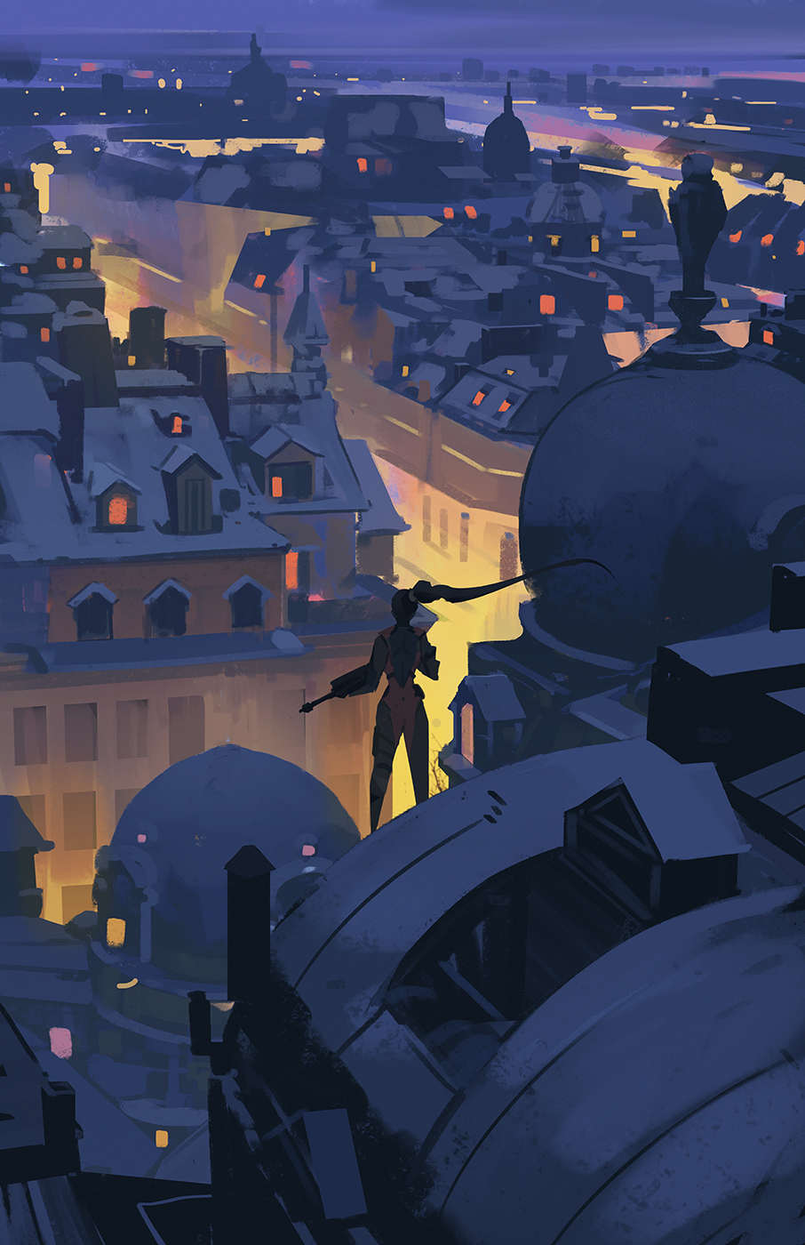 1girl architecture back back_opening bodysuit building city city_lights cityscape dome floating_hair from_behind gun hair_ornament hair_tie highres holding holding_gun holding_weapon holster long_hair night outdoors overwatch purple_hair purple_skin rifle rooftop scenery snatti sniper_rifle solo standing thigh_holster weapon widowmaker_(overwatch) window