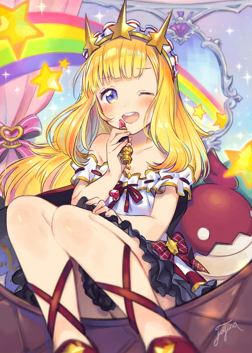1girl ;d ankle_lace-up applying_makeup bangs bare_shoulders black_skirt blonde_hair blouse blunt_bangs bow cagliostro_(granblue_fantasy) cross-laced_footwear fuji_fujino granblue_fantasy hairband heart knees_together_feet_apart lipstick lipstick_tube long_hair looking_at_viewer makeup off_shoulder one_eye_closed open_mouth rainbow red_shoes ribbon_trim round_teeth shirt shoes signature sitting skirt smile solo sparkle spiked_hairband star teeth violet_eyes white_blouse