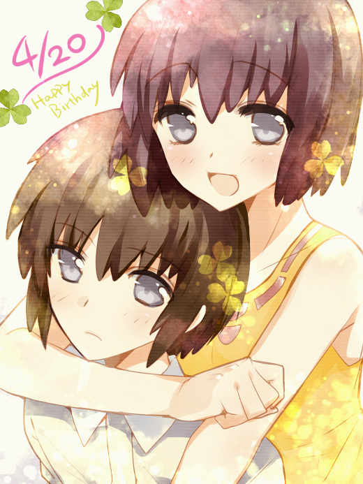 1boy 1girl :d bare_shoulders blush brother_and_sister brown_hair clover_(flower) dated flower frown grey_eyes happy_birthday hug hug_from_behind looking_at_viewer nishio_akira nishio_rina open_mouth short_hair siblings smile soukyuu_no_fafner sumomo_(peach-breath) tank_top twins