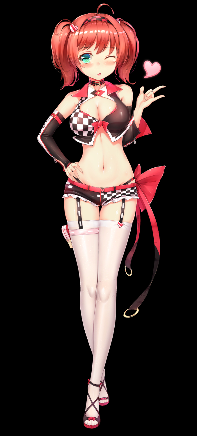 1girl ;o \m/ ahoge black_background blue_eyes blush bra breasts choker cleavage cleavage_cutout detached_sleeves dk.senie full_body garter_straps hairband hand_on_hip heart highres lace lace-trimmed_bra looking_at_viewer midriff navel one_eye_closed panties racequeen red_bra redhead short_shorts short_twintails shorts solo standing thigh-highs thigh_gap thigh_strap twintails underwear white_legwear
