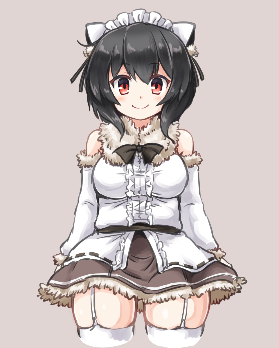 1girl adapted_costume animal_ears bare_shoulders black_hair blush breasts cat_ears detached_sleeves fake_animal_ears fur_trim garter_straps highres himeka_(estacion) huyusilver looking_at_viewer maid_headdress medium_breasts miniskirt mrs._estacion red_eyes short_hair skirt smile solo thighs wide_hips winter_clothes