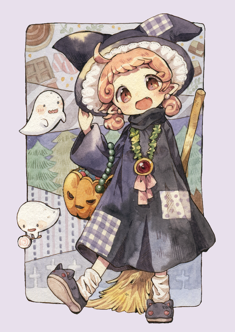 1girl ahoge black_dress black_hat black_shoes blush broom candy candy_wrapper checkerboard_cookie chocolate_bar commentary_request cookie curly_hair dress earrings fang food frilled_hat frills full_body ghost halloween hand_on_headwear hat jack-o'-lantern jewelry lavender_background lollipop mokarooru necklace open_mouth orange_eyes orange_hair original patch patches pillow_hat pointy_ears shoes smile socks swirl_lollipop tree turtleneck white_legwear witch witch_hat