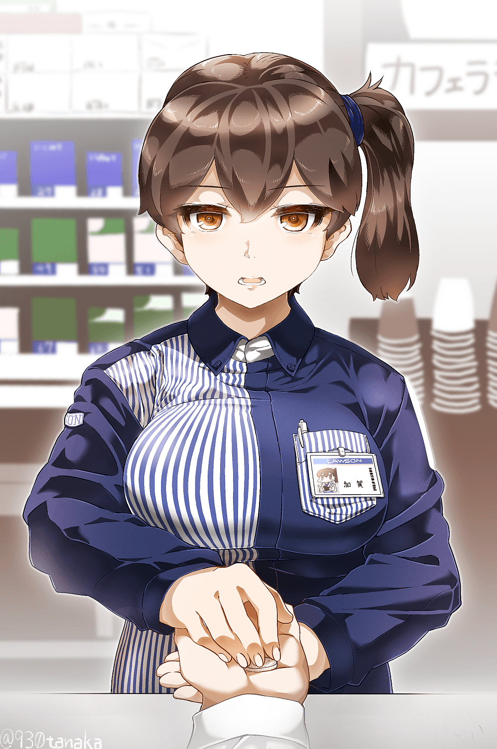 1boy 1girl breasts brown_eyes brown_hair cigarette_box convenience_store cup employee_uniform hands highres id_card kaga_(kantai_collection) kantai_collection large_breasts lawson long_sleeves looking_at_viewer money name_tag open_mouth pov_hands shirt shop side_ponytail striped tanaka_kusao twitter_username uniform