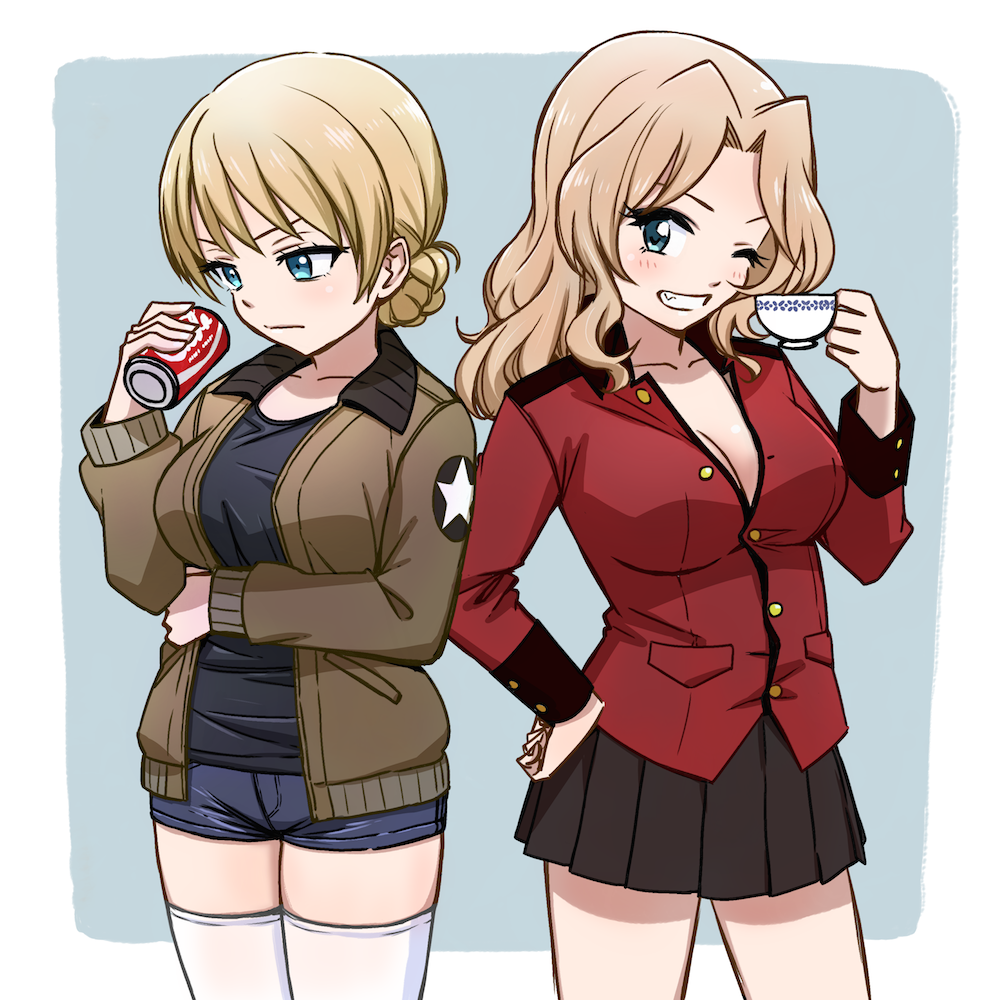 2girls blue_background blue_eyes blush breasts can cleavage coca-cola cosplay costume_switch cup darjeeling girls_und_panzer green_jacket hands_on_hips hone_(honehone083) jacket kay_(girls_und_panzer) large_breasts multiple_girls no_shirt one_eye_closed red_jacket saunders_military_uniform shirt short_shorts shorts simple_background skirt smile soda_can st._gloriana's_military_uniform t-shirt teacup thigh-highs