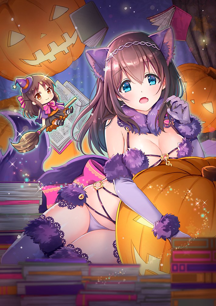 2girls animal_costume animal_ears black_hair blue_eyes blush book book_stack breasts broom brown_eyes brown_hair claw_pose cleavage cosplay fangs fate/grand_order fate_(series) gloves halloween halloween_costume hat idolmaster idolmaster_cinderella_girls large_breasts multiple_girls pumpkin sagisawa_fumika serino_itsuki shielder_(fate/grand_order) shielder_(fate/grand_order)_(cosplay) tachibana_arisu tail thigh-highs witch witch_hat wolf_costume wolf_ears wolf_tail