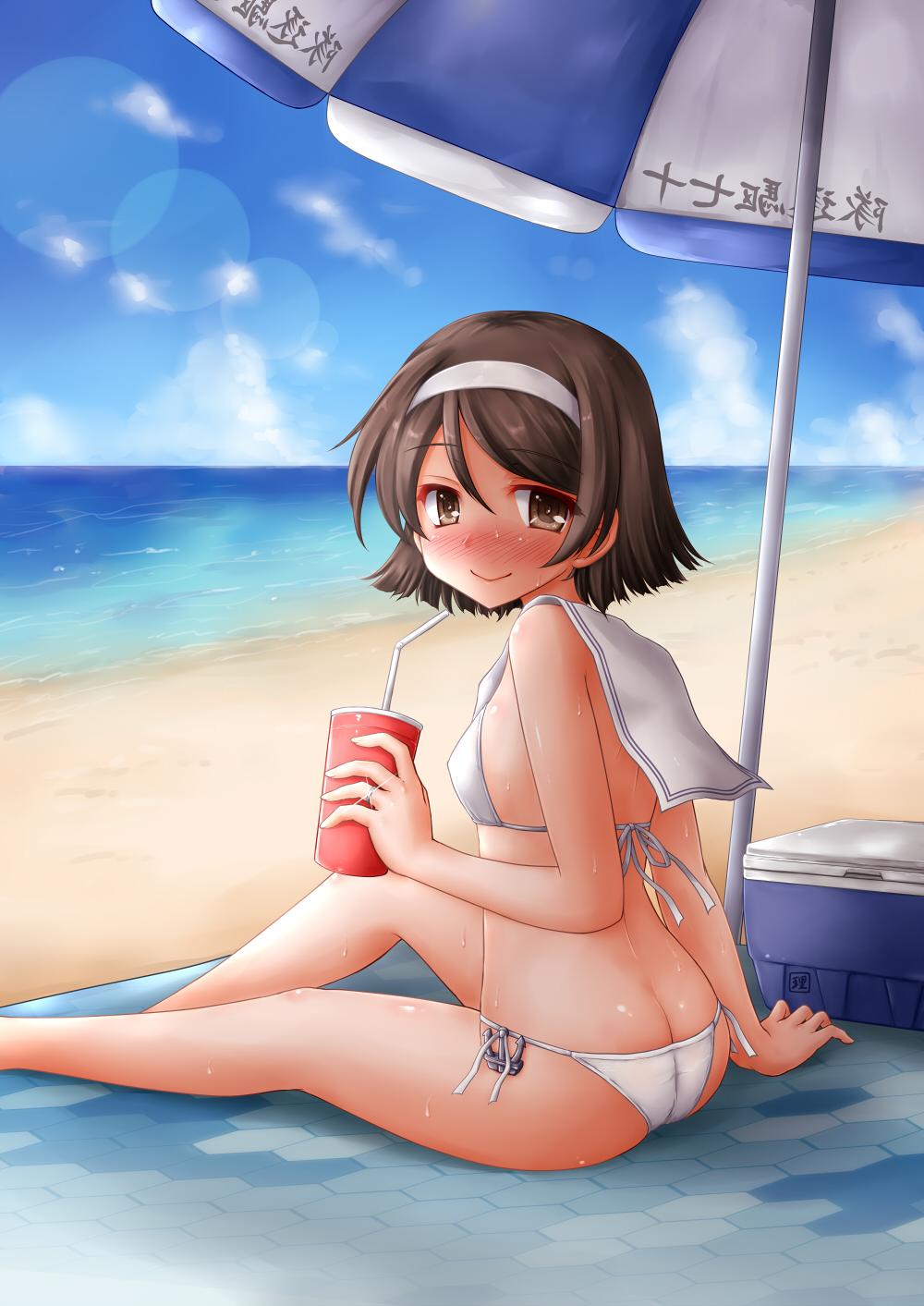 1girl alternate_costume artist_name ass bare_arms bare_legs bare_shoulders beach_mat beach_umbrella bikini blush brown_eyes brown_hair cooler cup day diffraction_spikes drinking_straw eyebrows eyebrows_visible_through_hair hair_between_eyes hairband highres holding holding_cup honeycomb_print jewelry kantai_collection kotowari_(newtype_kenkyuujo) lens_flare looking_at_viewer looking_back nose_blush ocean outdoors paper_cup ring sailor_bikini sailor_collar shiny shiny_skin short_hair side-tie_bikini sitting sky smile solo sweat swimsuit tanikaze_(kantai_collection) umbrella water wedding_band white_bikini white_hairband z3_max_schultz_(kantai_collection) z3_max_schultz_(kantai_collection)_(cosplay)