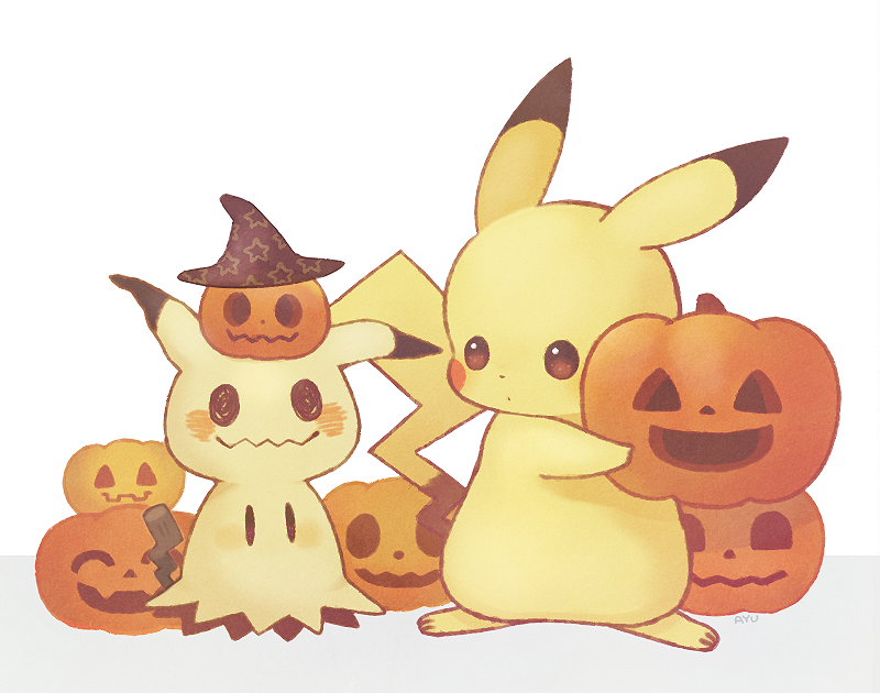 ayu_(mog) black_hat blush_stickers full_body halloween hat holding jack-o'-lantern looking_at_another mimikyu_(pokemon) no_humans object_on_head pikachu pokemon pokemon_(creature) pokemon_(game) pokemon_sm pumpkin simple_background standing star star_print white_background witch_hat
