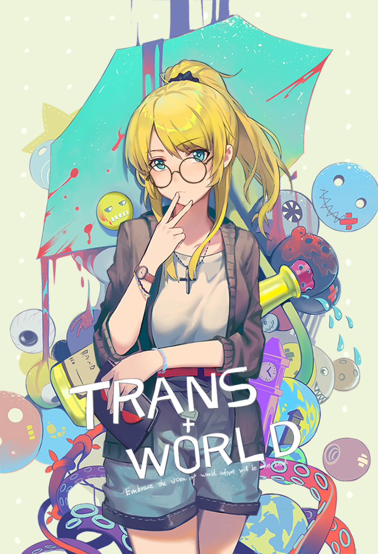 1girl ayase_eli bandaid bangs blonde_hair blood blood_splatter blue_eyes bottle bracelet cardigan clock clock_tower cork cowboy_shot cross cross_necklace droplet eyeball fingers_to_mouth frown glasses holding huanxiang_heitu jewelry looking_at_viewer love_live! love_live!_school_idol_project necklace pocketbook ponytail round_glasses scrunchie shorts smiley_face solo tentacles tower v watch watch