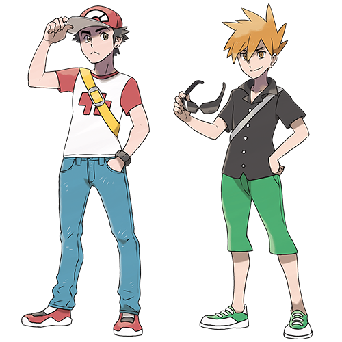 2boys brown_hair hand_in_pocket hat lowres multiple_boys official_art older ookido_green ookido_green_(sm) pokemon pokemon_(game) pokemon_sm red_(pokemon) red_(pokemon)_(sm) spiky_hair sunglasses sunglasses_removed