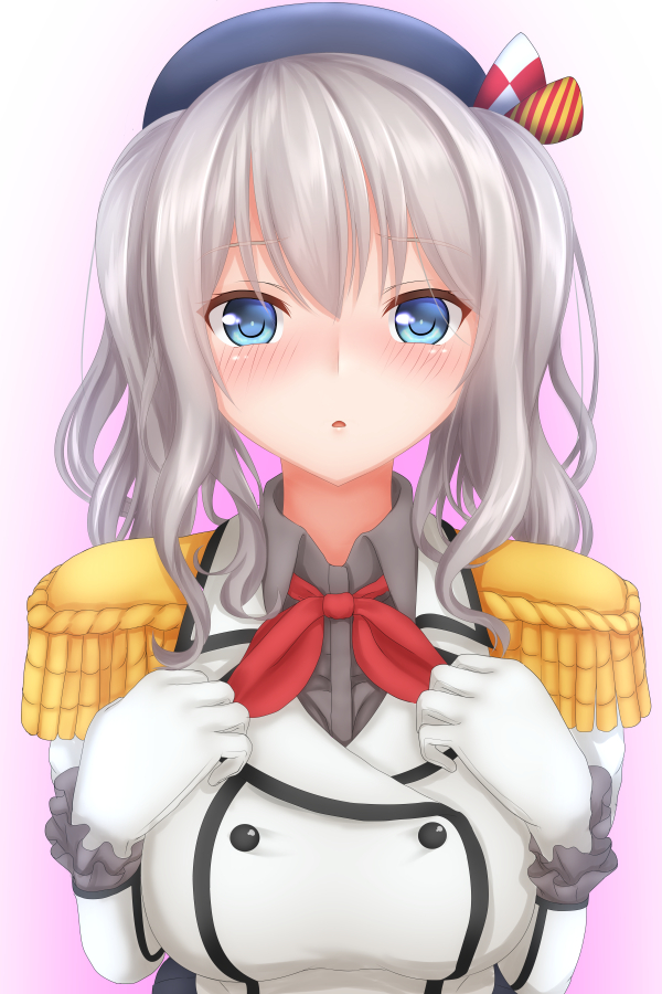 1girl :o beret blue_eyes blush breasts buttons epaulettes frilled_sleeves frills gloves hat kantai_collection kashima_(kantai_collection) large_breasts military military_uniform silver_hair solo tapisuke uniform white_gloves