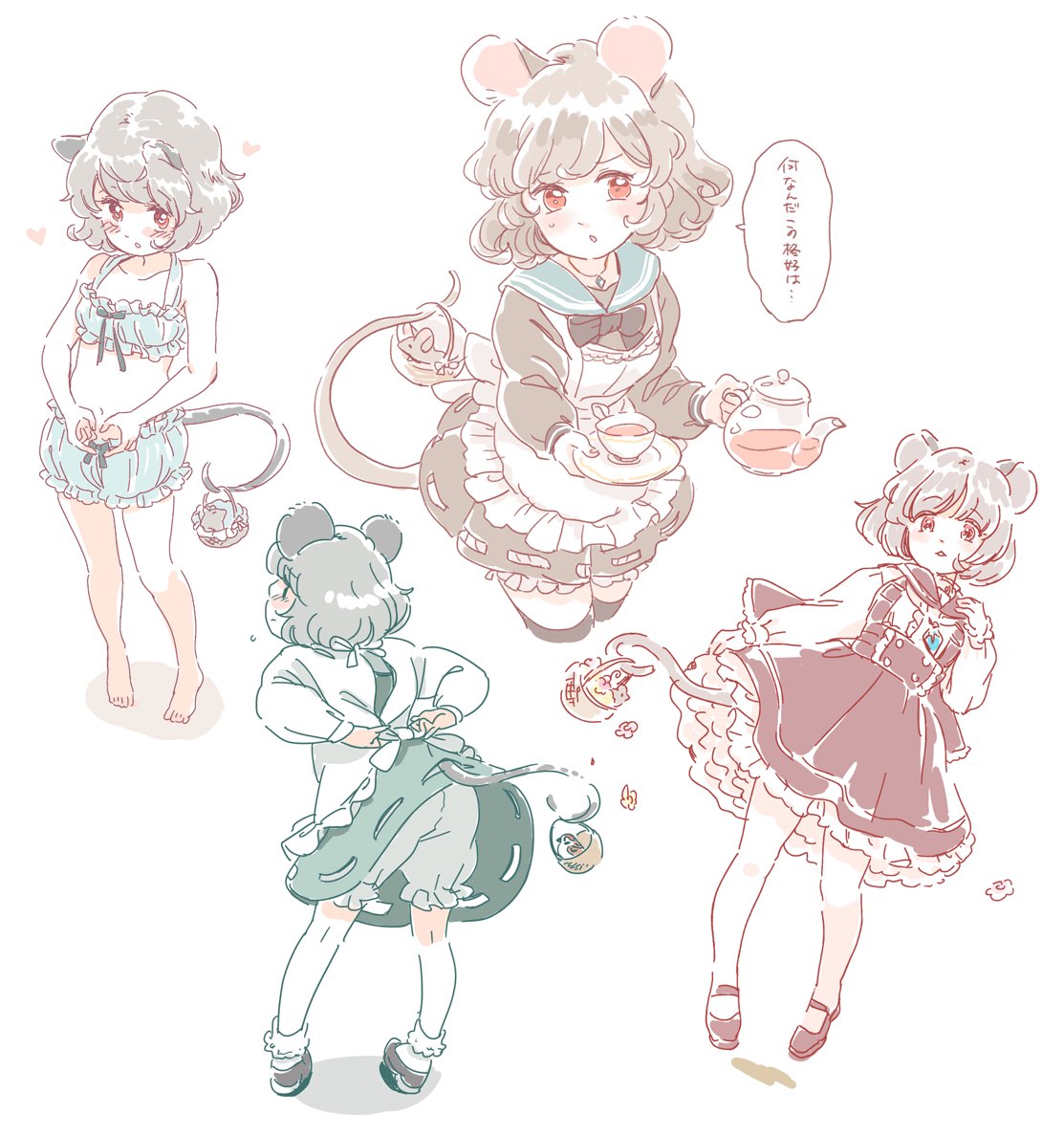 1girl alternate_costume animal_ears apron barefoot basket bird black_legwear bloomers blush brown_shoes cinderella_bust cup dress enmaided flower flying_sweatdrops from_behind grey_dress grey_hair heart jewelry looking_at_viewer maid maid_apron maroon_skirt mitsumoto_jouji mouse mouse_ears mouse_tail nazrin pendant petticoat red_eyes sailor_collar saucer shiny shiny_hair shoes short_dress short_hair side_glance solo tail tea teapot thigh-highs toes touhou translation_request underwear underwear_only upskirt zettai_ryouiki