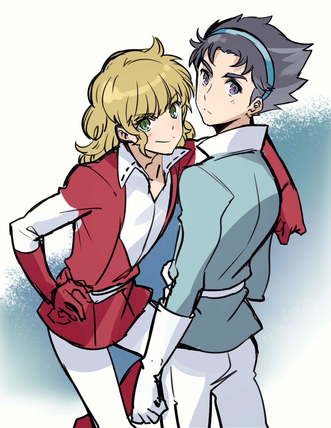 2boys arm_over_shoulder belt black_hair blonde_hair blue_background blue_shirt character_request copyright_request cowboy_shot curly_hair gloves gradient gradient_background green_eyes grey_eyes hairband highres long_hair looking_at_viewer multiple_boys pants popped_collar red_shirt shimo_(s_kaminaka) shirt tunic white_background white_gloves white_pants