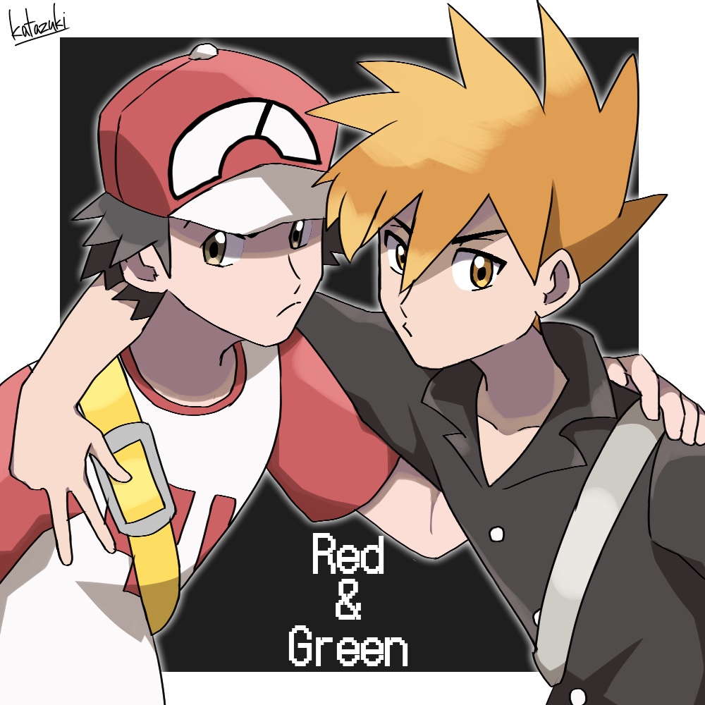 2boys arm_around_shoulder backpack bag baseball_cap black_background brown_eyes brown_hair character_name hat kuruto. male_focus multiple_boys older ookido_green ookido_green_(sm) orange_eyes orange_hair outside_border pokemon pokemon_(game) pokemon_sm popped_collar red_(pokemon) red_(pokemon)_(sm) shirt signature simple_background spiky_hair t-shirt upper_body v