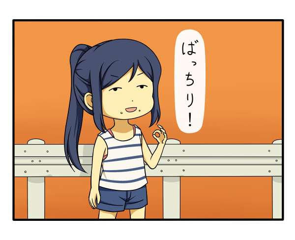 1girl blue_hair casual comic love_live! love_live!_sunshine!! matsuura_kanan ok_sign orange_background ponytail shiitake_nabe_tsukami shorts sleeveless solo translated