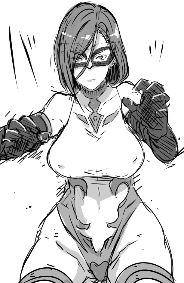 1girl apollonia_vaar breasts butcha-u closed_mouth covered_nipples domino_mask elbow_gloves gloves granblue_fantasy large_breasts leotard looking_at_viewer mask short_hair simple_background sketch solo taut_clothes taut_leotard thigh-highs white_background wrestling_mask