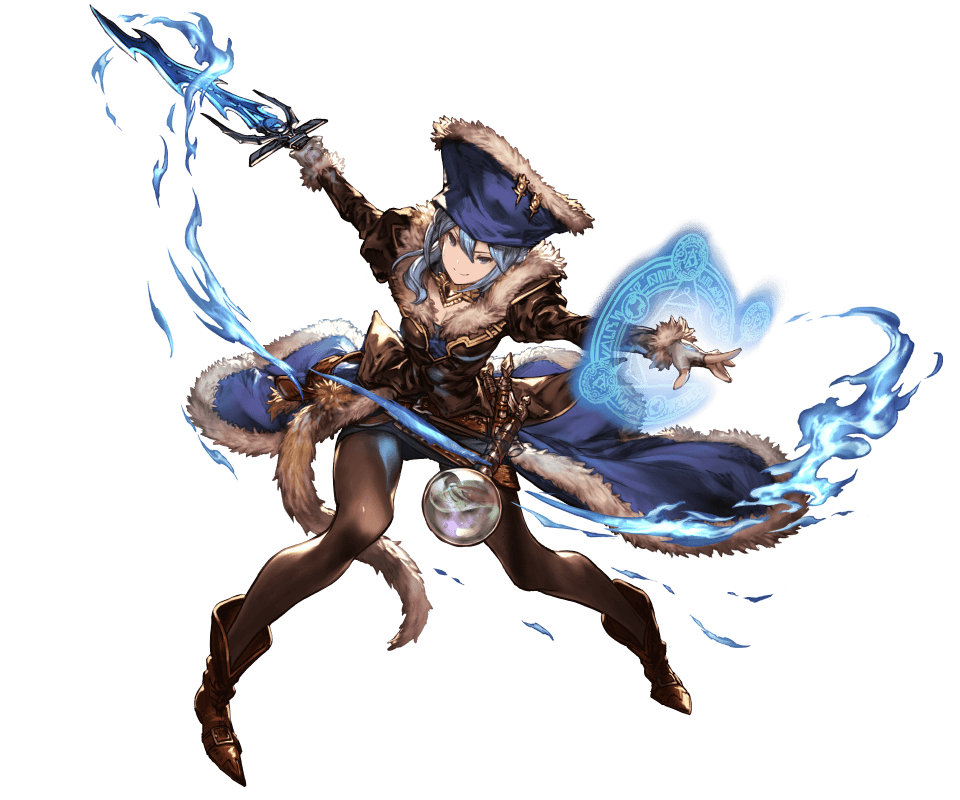 blue_eyes blue_hair boots collar fingerless_gloves fur_trim gloves granblue_fantasy hat holding holding_weapon jewelry juliet_sleeves long_coat long_sleeves looking_at_viewer minaba_hideo miniskirt pantyhose puffy_sleeves simple_background skirt smile solo sword therese_(granblue_fantasy) weapon white_background
