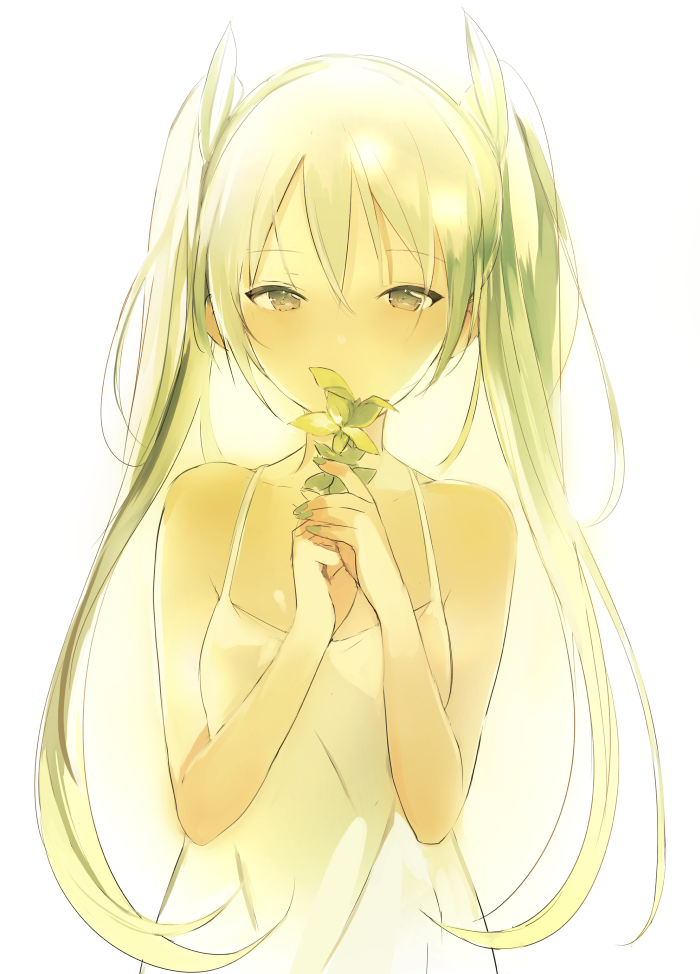 1girl alternate_costume alternate_hair_color bare_arms bare_shoulders blonde_hair blush collarbone dress green_eyes green_hair hatsune_miku holding long_hair looking_at_viewer lpip plant sleeveless sleeveless_dress solo spaghetti_strap sundress twintails upper_body very_long_hair vocaloid w_arms yellow yellow_dress
