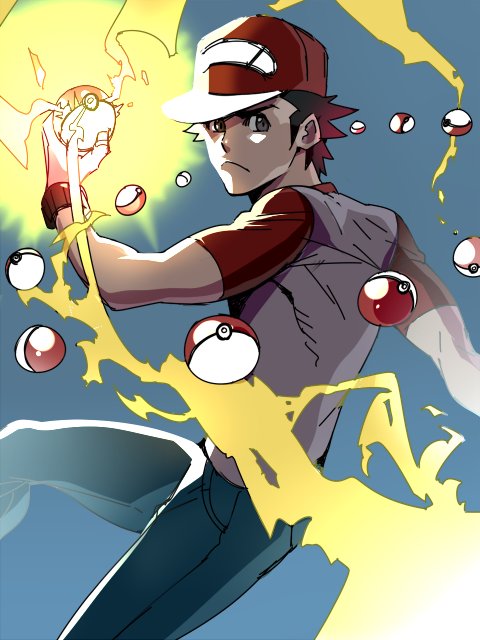 1boy :&lt; blue_background brown_eyes brown_hair denim electricity holding holding_poke_ball jeans looking_at_viewer mabataki male_focus pants poke_ball pokemon pokemon_(game) pokemon_sm red_(pokemon) red_(pokemon)_(sm) shirt simple_background solo t-shirt