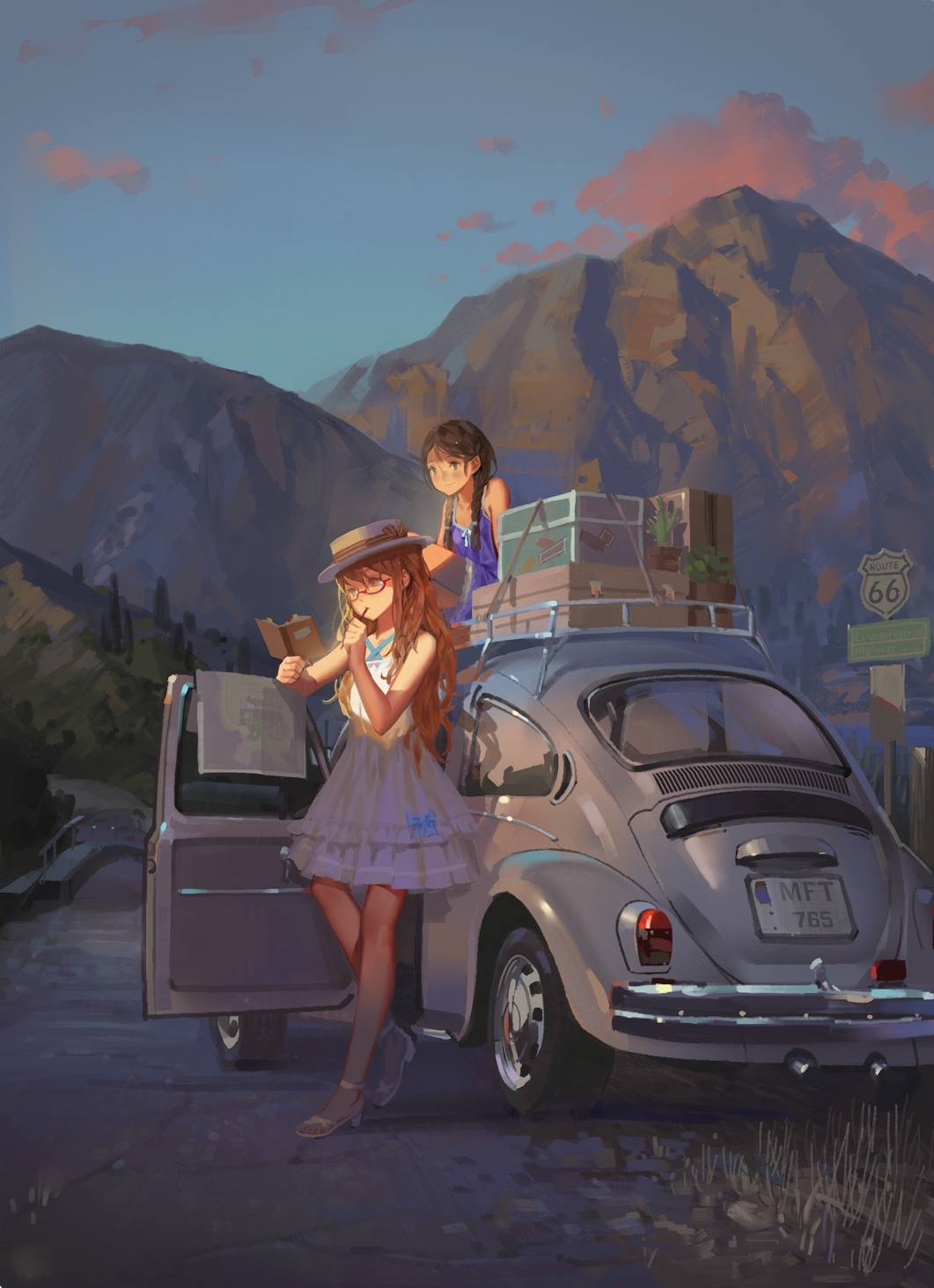 2girls alphonse_(white_datura) braid brown_eyes brown_hair car dress frilled_dress frills ground_vehicle hat highres landscape long_hair motor_vehicle mountain multiple_girls original reading realistic sky suitcase twin_braids volkswagen_beetle