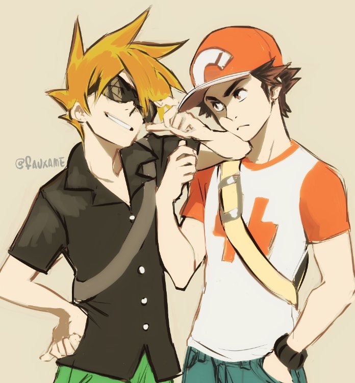 2boys backpack bag baseball_cap brown_eyes brown_hair grin hand_in_pocket hand_on_hip hat looking_at_another male_focus multiple_boys one_eye_closed ookido_green ookido_green_(sm) orange_hair pokemon pokemon_(game) pokemon_sm raglan_sleeves raw_gummy red_(pokemon) red_(pokemon)_(sm) shirt simple_background smile spiky_hair sunglasses t-shirt tan_background twitter_username wristband