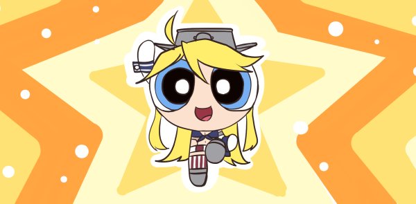 1girl :d ahoge arms_up blonde_hair breasts chibi cleavage commentary_request headgear ido_(teketeke) iowa_(kantai_collection) kantai_collection long_hair looking_at_viewer multicolored_eyes navel open_mouth parody powerpuff_girls smile solo star starry_background style_parody