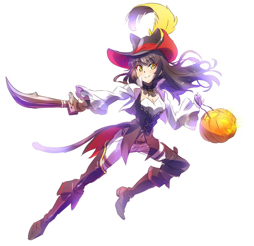 animal_ears black_hair blake_belladonna boots cat_ears cat_tail commentary halloween hat iesupa jack-o'-lantern jacket navel pirate_costume pirate_hat pumpkin puss_in_boots puss_in_boots_(character) rwby shrek sword tail weapon yellow_eyes