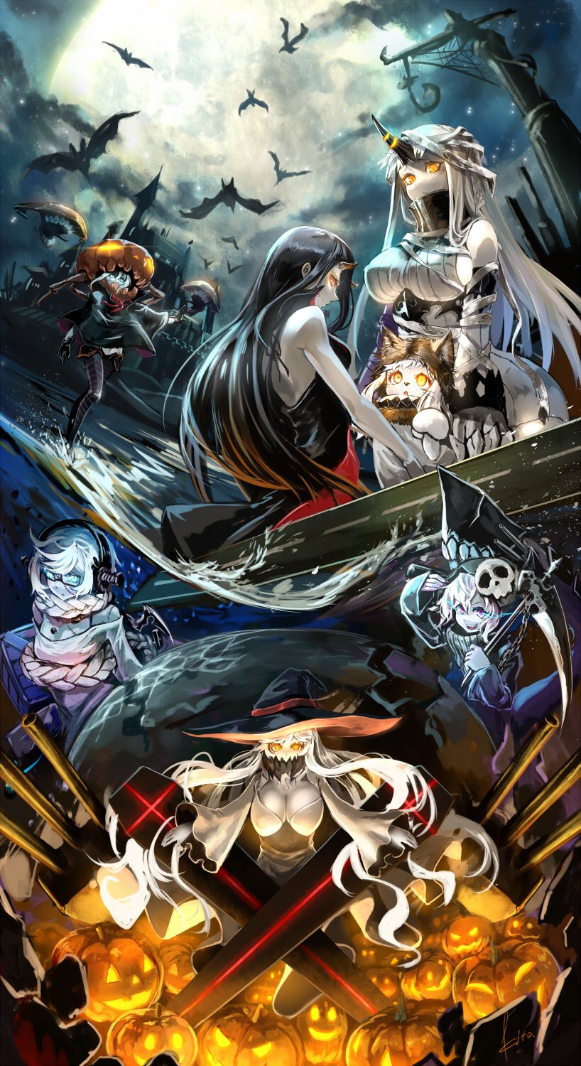 6+girls animal_costume bandages bat battleship_hime black_hair blue_eyes braid breasts commentary_request enemy_aircraft_(kantai_collection) glasses glowing glowing_eyes halloween halloween_costume hat headphones highres horn jack-o'-lantern kantai_collection kito_(kito2) large_breasts long_hair midway_hime multiple_girls night night_sky northern_ocean_hime orange_eyes re-class_battleship scythe seaport_hime shinkaisei-kan short_hair sky supply_depot_hime tail turret very_long_hair violet_eyes water white_hair witch_hat wo-class_aircraft_carrier