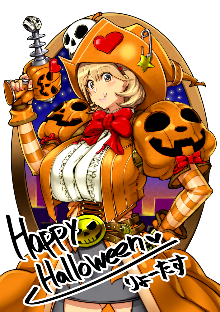 1girl :q belt breasts brown_eyes brown_hair energy_gun fingerless_gloves gloves halloween hand_on_hip happy_halloween hat heart jack-o'-lantern konakona large_breasts narusawa_ryouka occultic;nine ray_gun safety_pin short_hair simple_background skull smile solo tongue tongue_out weapon white_background witch_hat