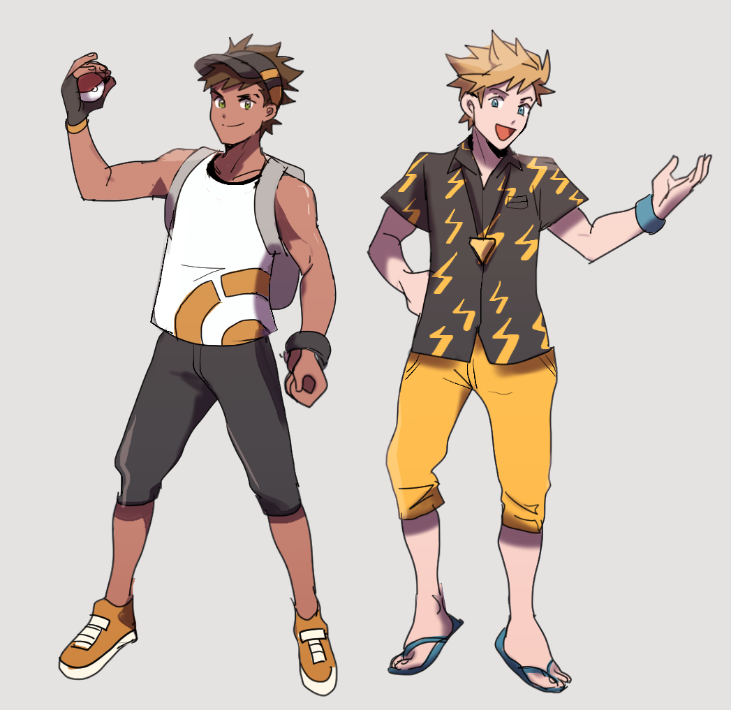 2boys alternate_costume backpack bag bare_shoulders blonde_hair blue_eyes brown_hair capri_pants dark_skin dark_skinned_male full_body glasses_enthusiast green_eyes holding holding_poke_ball jewelry looking_at_viewer male_focus male_protagonist_(pokemon_go) multiple_boys necklace pants poke_ball pokemon pokemon_(game) pokemon_go pokemon_sm sandals shoes sneakers spark_(pokemon) tank_top team_instinct visor_cap